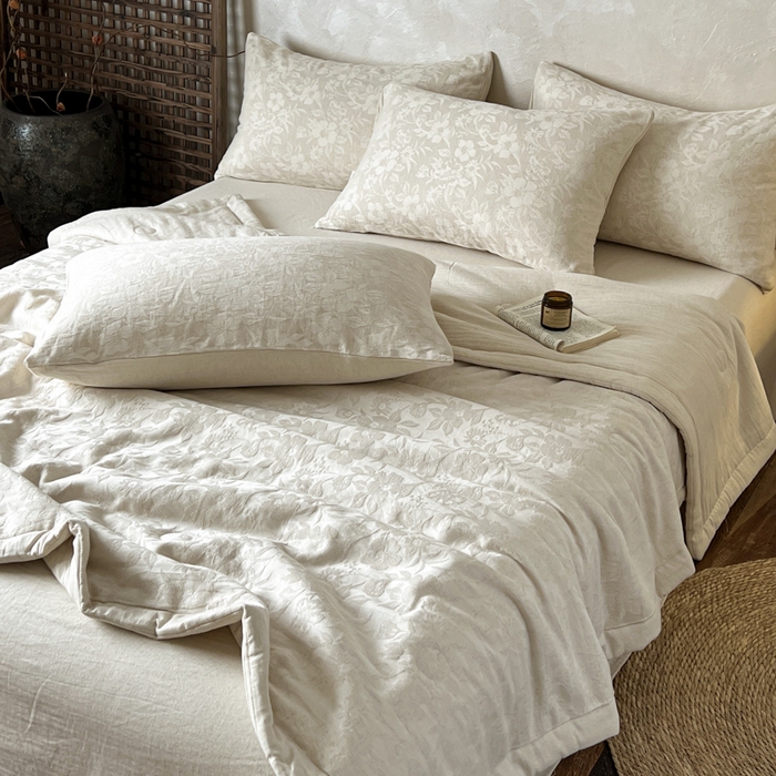 91家纺网 家纺一手货源 找家纺 乐家毛巾被（工厂自产自销） 2026新款棉花胚胎填充大提花棉麻夏被夏凉被空调被 棉麻-沐花