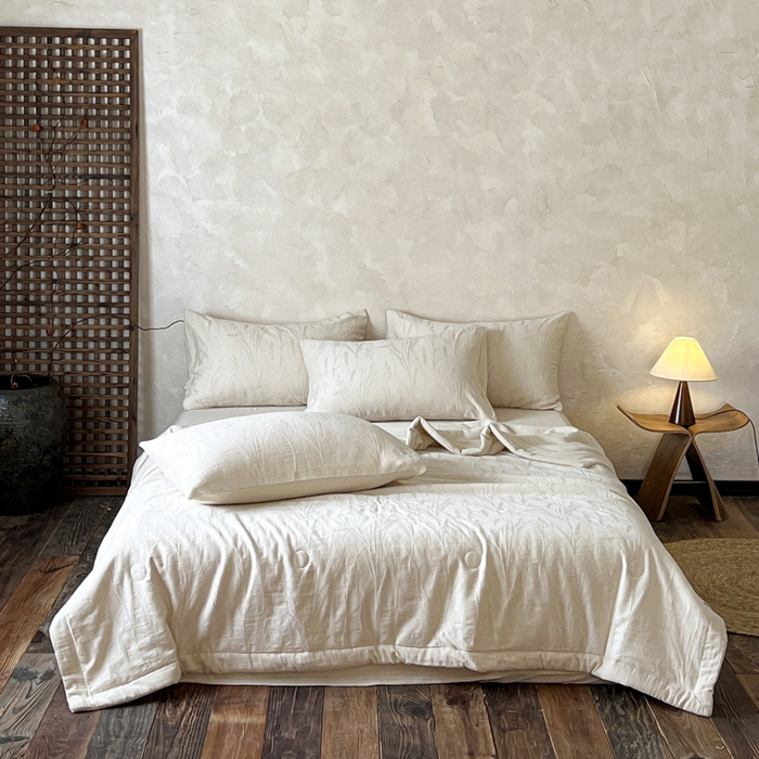 91家纺网 家纺一手货源 找家纺 乐家毛巾被（工厂自产自销） 2026新款棉花胚胎填充大提花棉麻夏被夏凉被空调被 棉麻-叶影