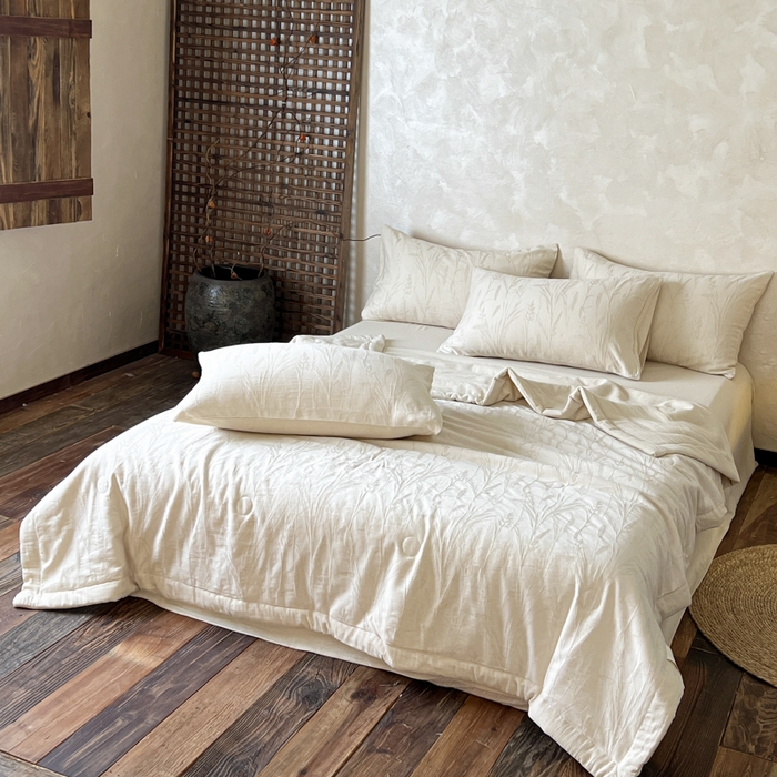 91家纺网 家纺一手货源 找家纺 乐家毛巾被（工厂自产自销） 2026新款棉花胚胎填充大提花棉麻夏被夏凉被空调被 棉麻-叶影