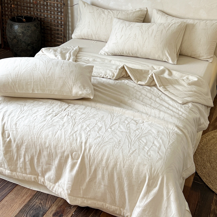 91家纺网 家纺一手货源 找家纺 乐家毛巾被（工厂自产自销） 2026新款棉花胚胎填充大提花棉麻夏被夏凉被空调被 棉麻-叶影