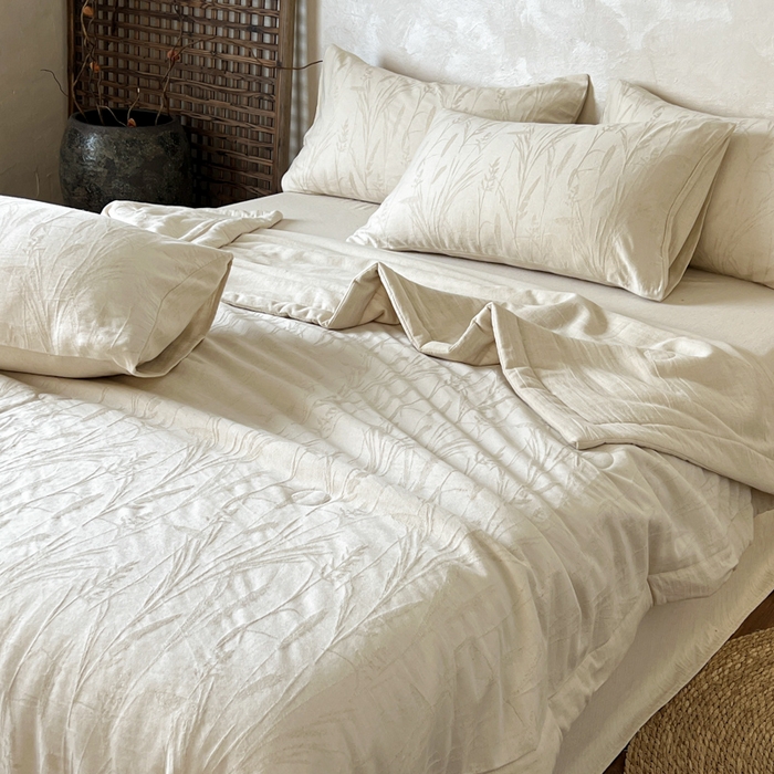 91家纺网 家纺一手货源 找家纺 乐家毛巾被（工厂自产自销） 2026新款棉花胚胎填充大提花棉麻夏被夏凉被空调被 棉麻-叶影