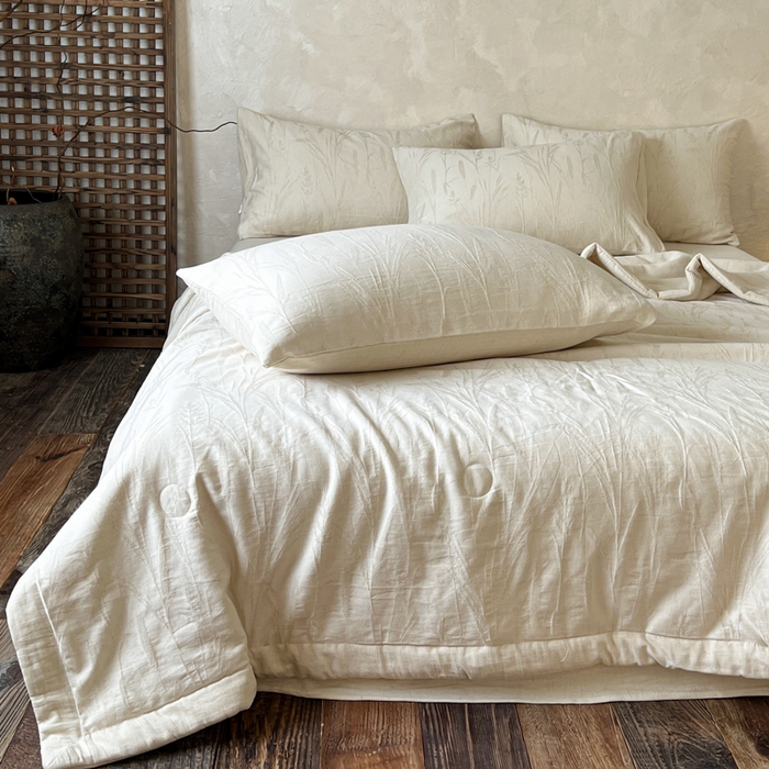 91家纺网 家纺一手货源 找家纺 乐家毛巾被（工厂自产自销） 2026新款棉花胚胎填充大提花棉麻夏被夏凉被空调被 棉麻-叶影