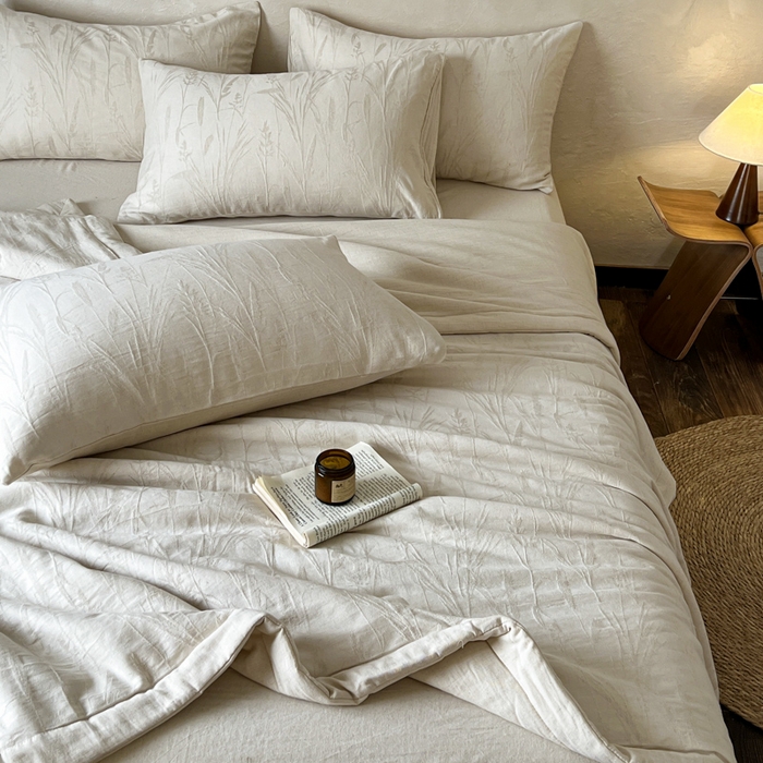 91家纺网 家纺一手货源 找家纺 乐家毛巾被（工厂自产自销） 2026新款棉花胚胎填充大提花棉麻夏被夏凉被空调被 棉麻-叶影