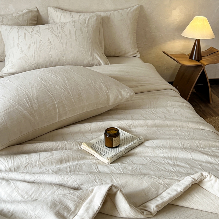 91家纺网 家纺一手货源 找家纺 乐家毛巾被（工厂自产自销） 2026新款棉花胚胎填充大提花棉麻夏被夏凉被空调被 棉麻-叶影