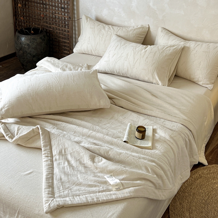 91家纺网 家纺一手货源 找家纺 乐家毛巾被（工厂自产自销） 2026新款棉花胚胎填充大提花棉麻夏被夏凉被空调被 棉麻-叶影