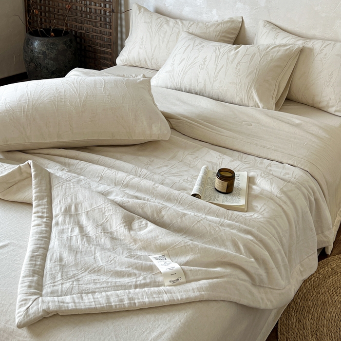 91家纺网 家纺一手货源 找家纺 乐家毛巾被（工厂自产自销） 2026新款棉花胚胎填充大提花棉麻夏被夏凉被空调被 棉麻-叶影