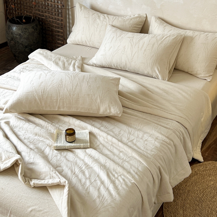 91家纺网 家纺一手货源 找家纺 乐家毛巾被（工厂自产自销） 2026新款棉花胚胎填充大提花棉麻夏被夏凉被空调被 棉麻-叶影