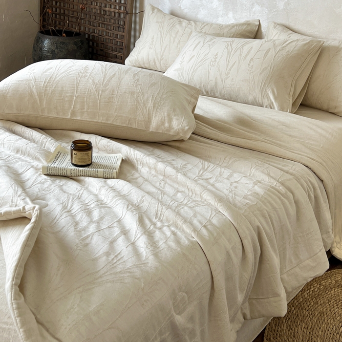 91家纺网 家纺一手货源 找家纺 乐家毛巾被（工厂自产自销） 2026新款棉花胚胎填充大提花棉麻夏被夏凉被空调被 棉麻-叶影