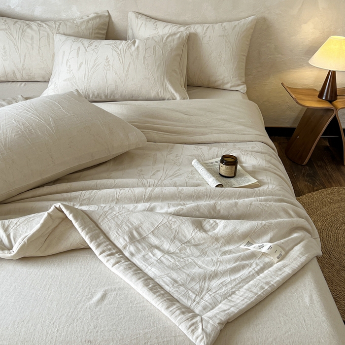 91家纺网 家纺一手货源 找家纺 乐家毛巾被（工厂自产自销） 2026新款棉花胚胎填充大提花棉麻夏被夏凉被空调被 棉麻-叶影