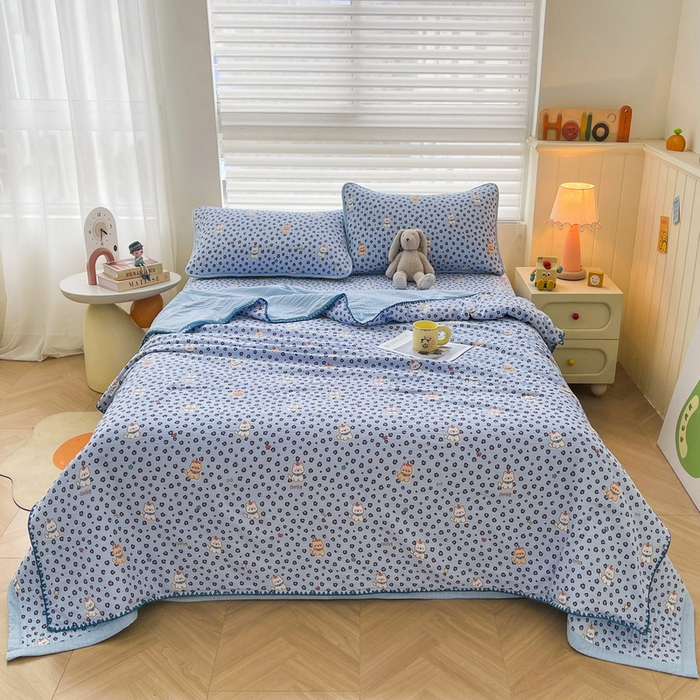 91家纺网 家纺一手货源 找家纺 梵朴 2026新款A类泡芙双层纱贝壳边床盖夏被四件套三角针夏凉被空调被 豹纹泡芙狗