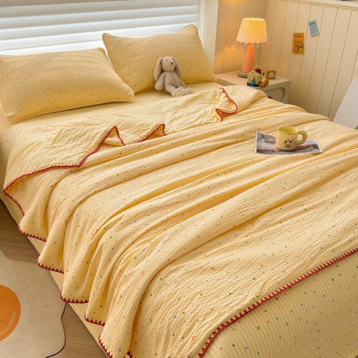 91家纺网 家纺一手货源 找家纺 梵朴 2026新款A类泡芙双层纱贝壳边床盖夏被四件套三角针夏凉被空调被 璀璨星空