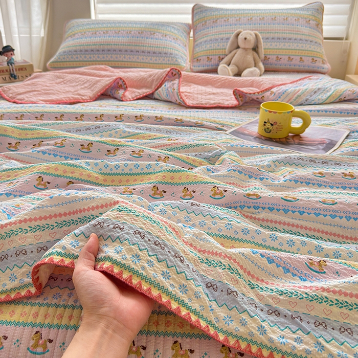 梵朴 2026新款A类泡芙双层纱贝壳边床盖夏被四件套三角针夏凉被空调被 费尔岛木马