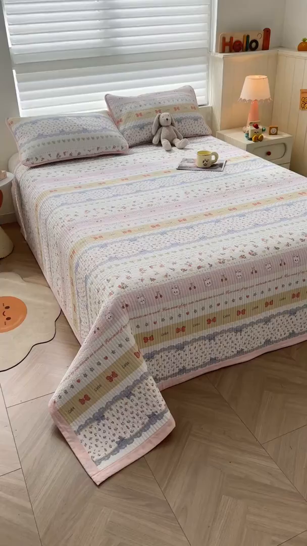 91家纺网 家纺一手货源 找家纺 梵朴 2026新款A类泡芙双层纱贝壳边床盖夏被四件套三角针夏凉被空调被 费尔岛木马