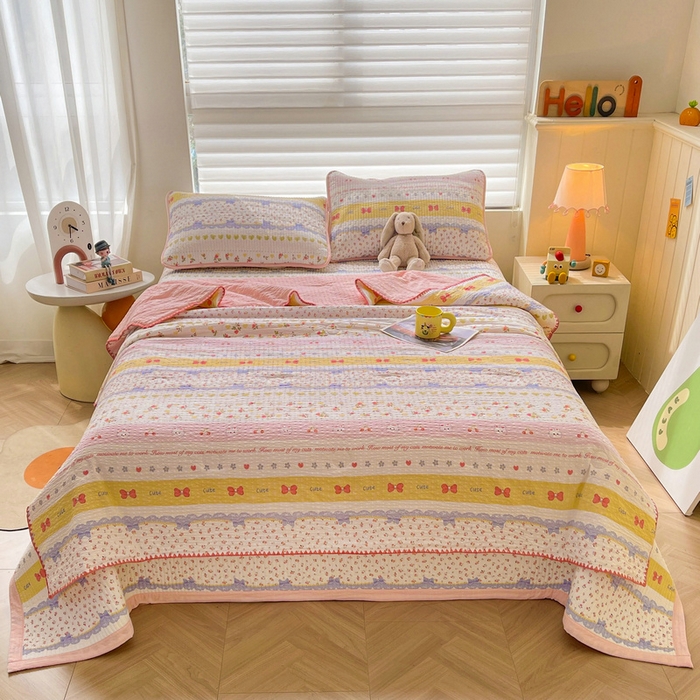 91家纺网 家纺一手货源 找家纺 梵朴 2026新款A类泡芙双层纱贝壳边床盖夏被四件套三角针夏凉被空调被 蝴蝶结小兔