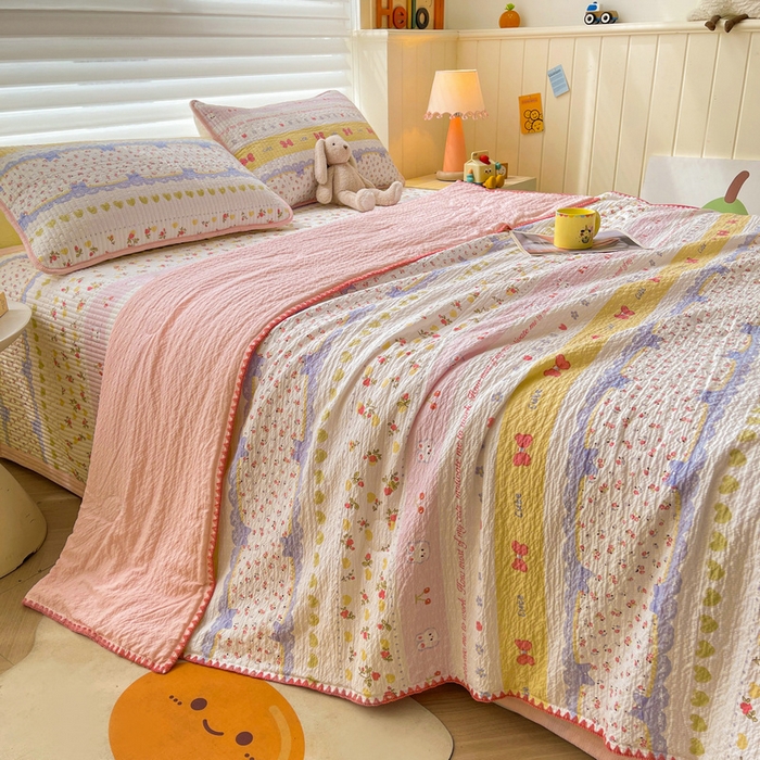 91家纺网 家纺一手货源 找家纺 梵朴 2026新款A类泡芙双层纱贝壳边床盖夏被四件套三角针夏凉被空调被 蝴蝶结小兔