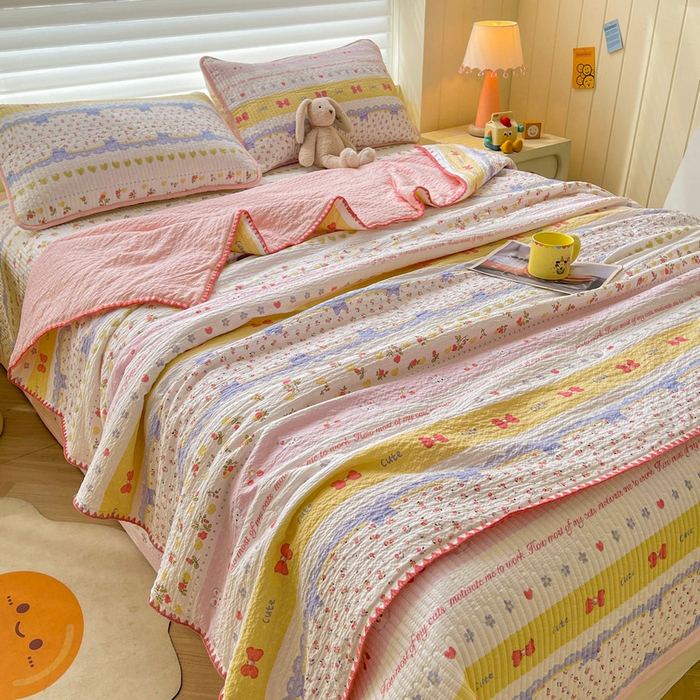 91家纺网 家纺一手货源 找家纺 梵朴 2026新款A类泡芙双层纱贝壳边床盖夏被四件套三角针夏凉被空调被 蝴蝶结小兔