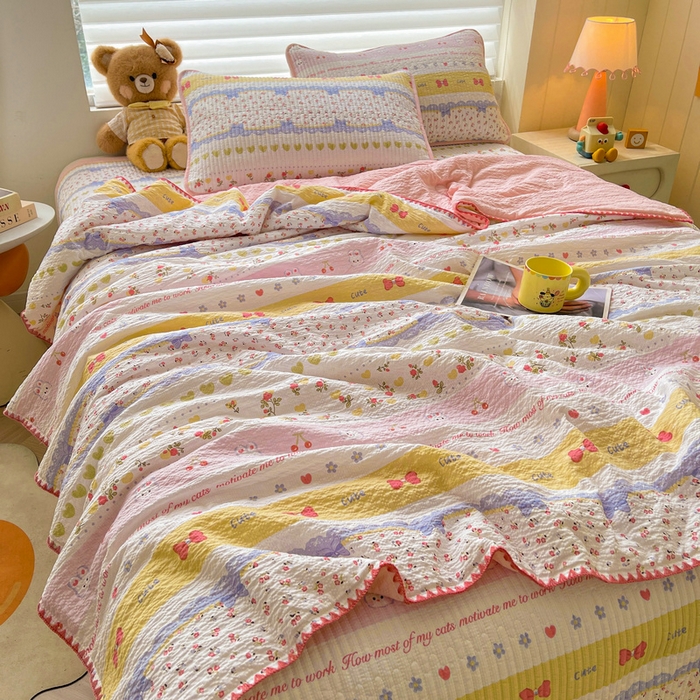 91家纺网 家纺一手货源 找家纺 梵朴 2026新款A类泡芙双层纱贝壳边床盖夏被四件套三角针夏凉被空调被 蝴蝶结小兔