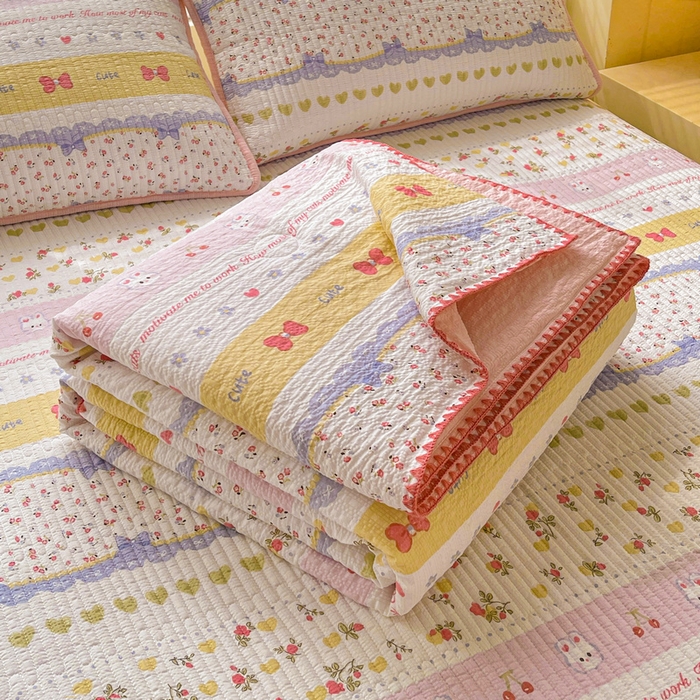 91家纺网 家纺一手货源 找家纺 梵朴 2026新款A类泡芙双层纱贝壳边床盖夏被四件套三角针夏凉被空调被 蝴蝶结小兔