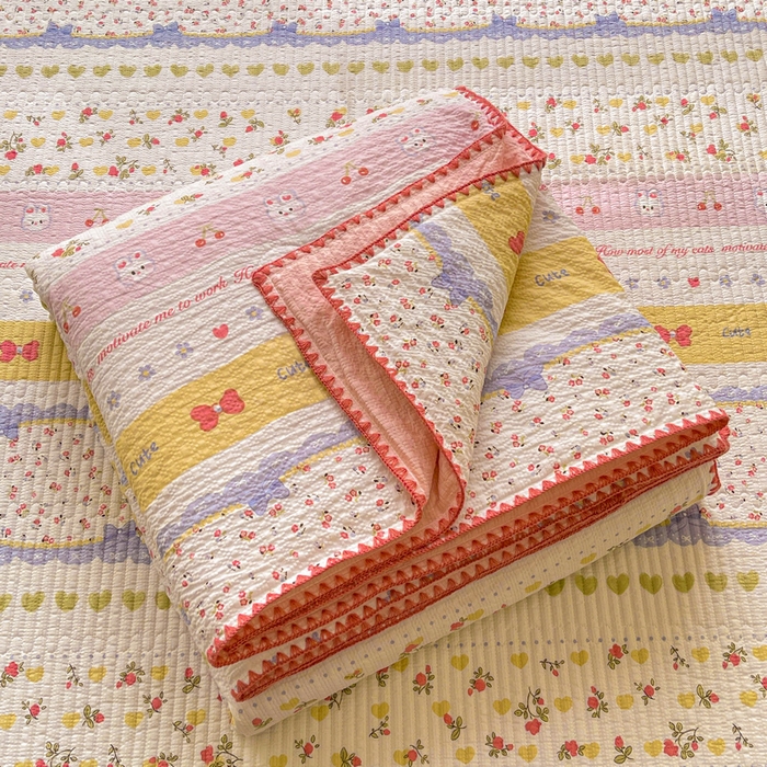 91家纺网 家纺一手货源 找家纺 梵朴 2026新款A类泡芙双层纱贝壳边床盖夏被四件套三角针夏凉被空调被 蝴蝶结小兔