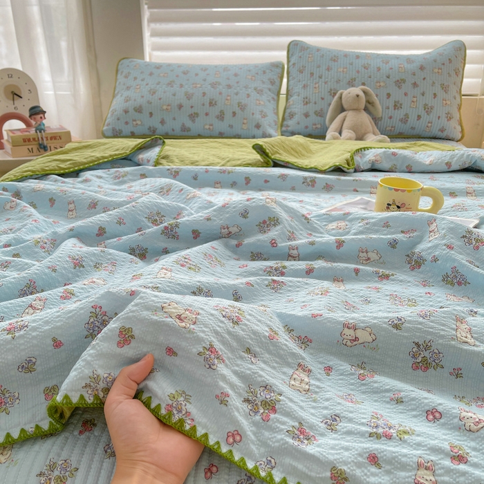梵朴 2026新款A类泡芙双层纱贝壳边床盖夏被四件套三角针夏凉被空调被 花从小兔