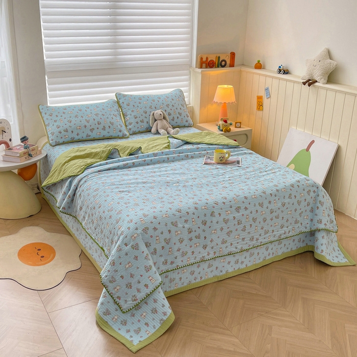 91家纺网 家纺一手货源 找家纺 梵朴 2026新款A类泡芙双层纱贝壳边床盖夏被四件套三角针夏凉被空调被 花从小兔