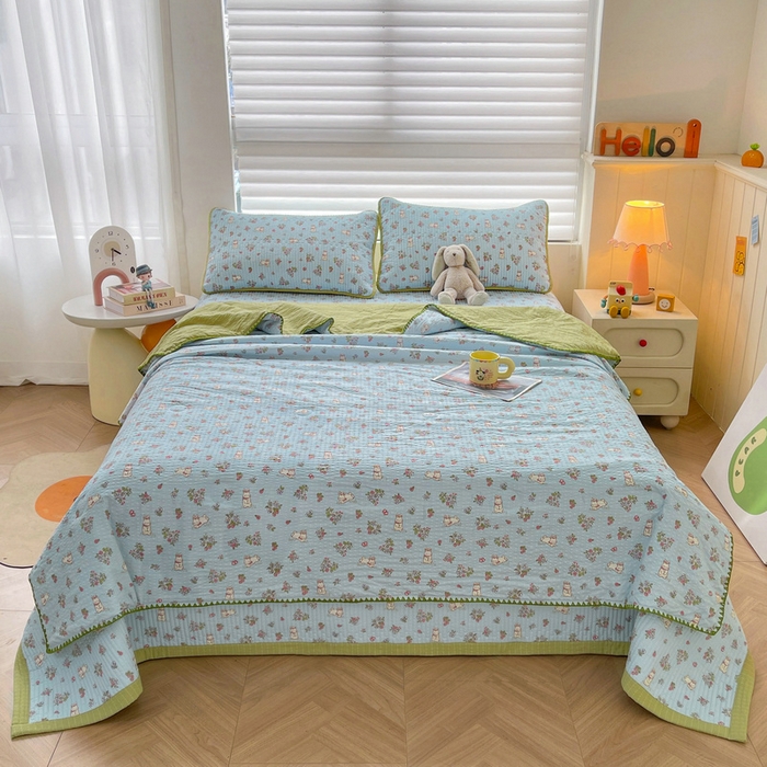 91家纺网 家纺一手货源 找家纺 梵朴 2026新款A类泡芙双层纱贝壳边床盖夏被四件套三角针夏凉被空调被 花从小兔