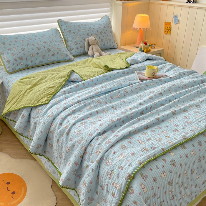 91家纺网 家纺一手货源 找家纺 梵朴 2026新款A类泡芙双层纱贝壳边床盖夏被四件套三角针夏凉被空调被 花从小兔