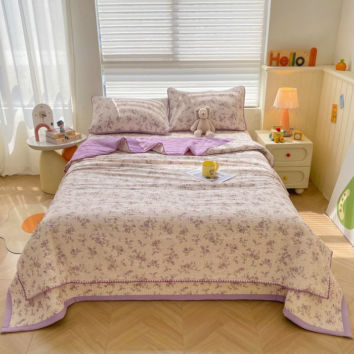 91家纺网 家纺一手货源 找家纺 梵朴 2026新款A类泡芙双层纱贝壳边床盖夏被四件套三角针夏凉被空调被 花季紫