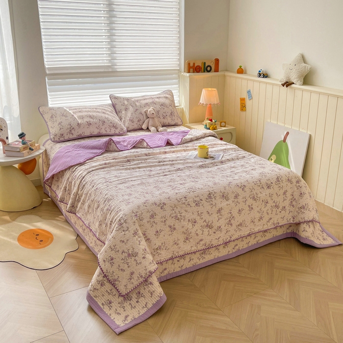 91家纺网 家纺一手货源 找家纺 梵朴 2026新款A类泡芙双层纱贝壳边床盖夏被四件套三角针夏凉被空调被 花季紫