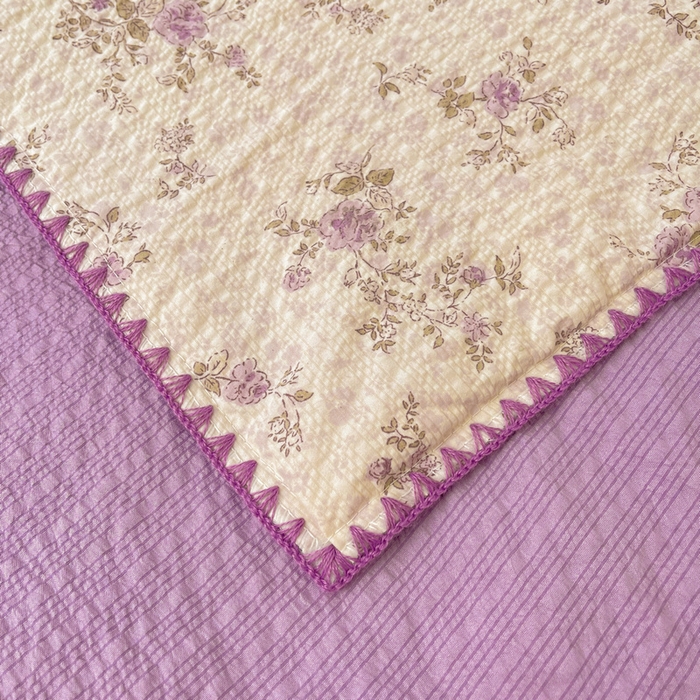 91家纺网 家纺一手货源 找家纺 梵朴 2026新款A类泡芙双层纱贝壳边床盖夏被四件套三角针夏凉被空调被 花季紫