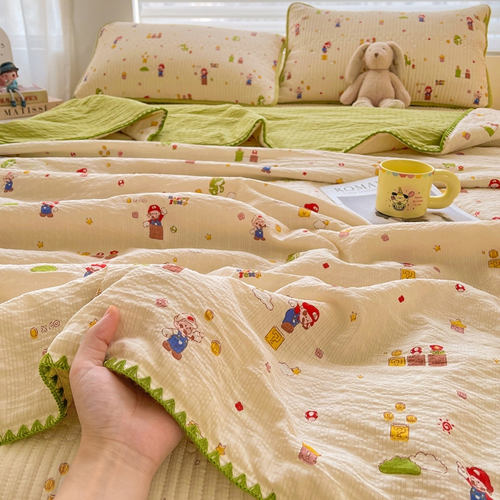 梵朴 2026新款A类泡芙双层纱贝壳边床盖夏被四件套三角针夏凉被空调被 快乐马里奥