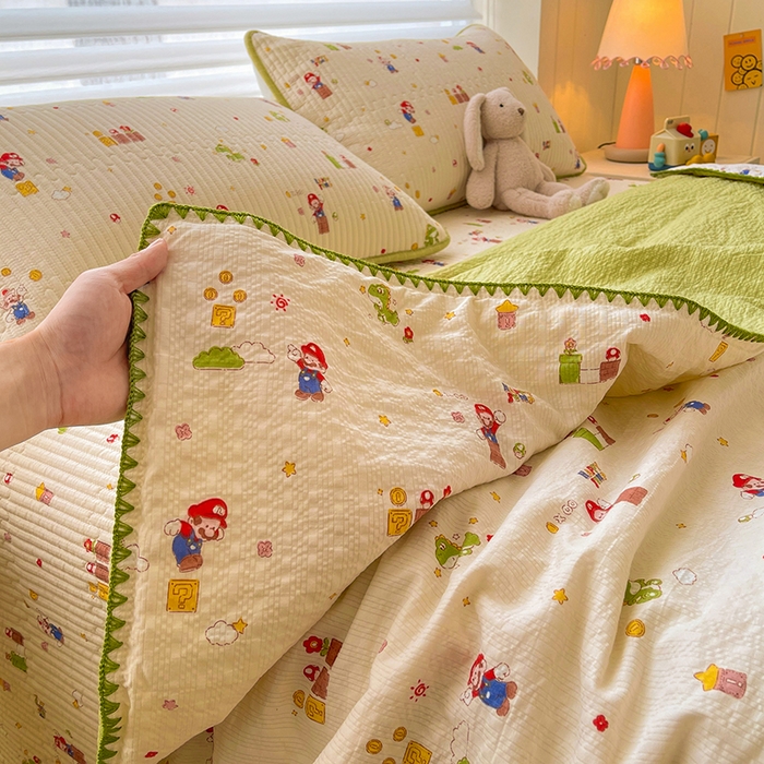 91家纺网 家纺一手货源 找家纺 梵朴 2026新款A类泡芙双层纱贝壳边床盖夏被四件套三角针夏凉被空调被 快乐马里奥