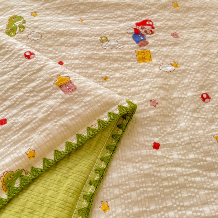 91家纺网 家纺一手货源 找家纺 梵朴 2026新款A类泡芙双层纱贝壳边床盖夏被四件套三角针夏凉被空调被 快乐马里奥