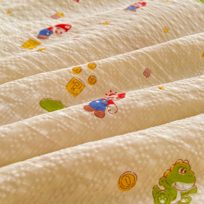 91家纺网 家纺一手货源 找家纺 梵朴 2026新款A类泡芙双层纱贝壳边床盖夏被四件套三角针夏凉被空调被 快乐马里奥