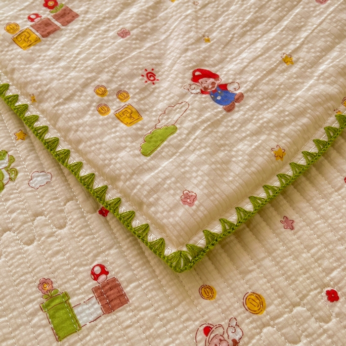 91家纺网 家纺一手货源 找家纺 梵朴 2026新款A类泡芙双层纱贝壳边床盖夏被四件套三角针夏凉被空调被 快乐马里奥