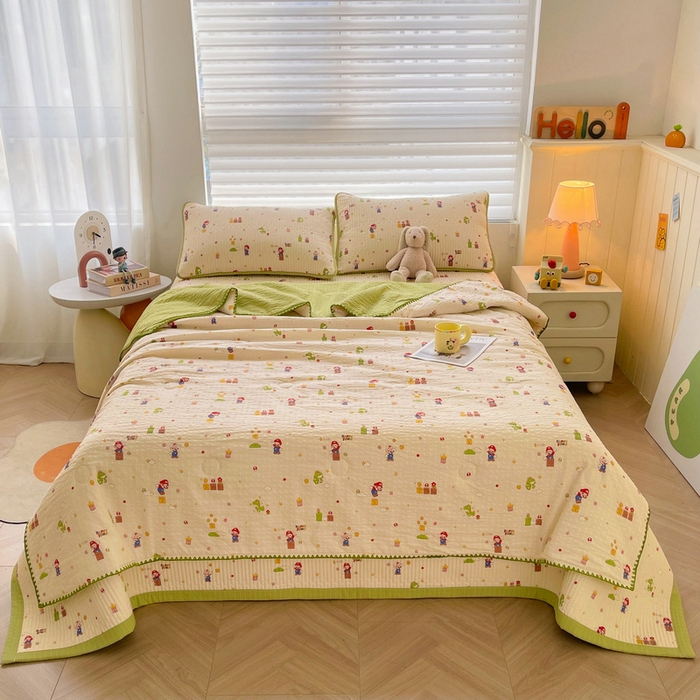 91家纺网 家纺一手货源 找家纺 梵朴 2026新款A类泡芙双层纱贝壳边床盖夏被四件套三角针夏凉被空调被 快乐马里奥