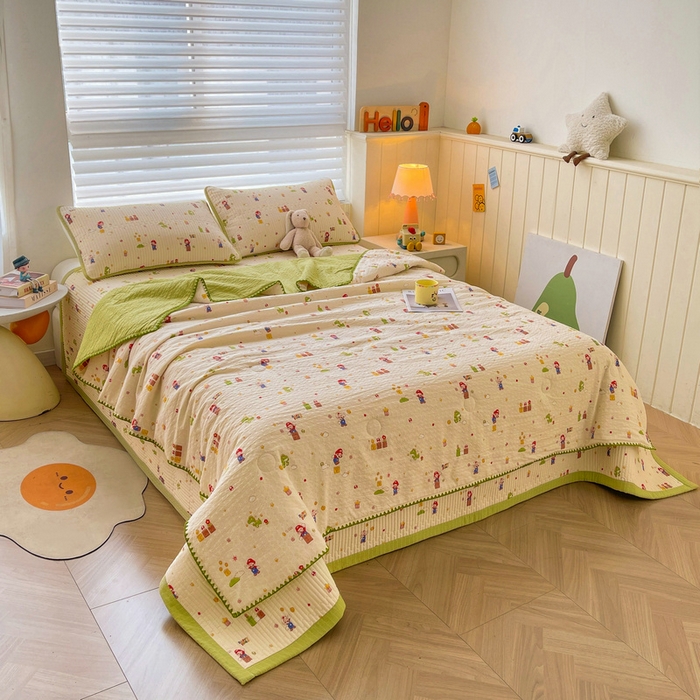 91家纺网 家纺一手货源 找家纺 梵朴 2026新款A类泡芙双层纱贝壳边床盖夏被四件套三角针夏凉被空调被 快乐马里奥