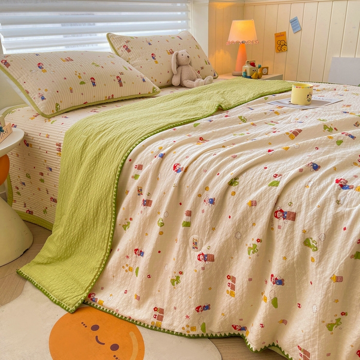 91家纺网 家纺一手货源 找家纺 梵朴 2026新款A类泡芙双层纱贝壳边床盖夏被四件套三角针夏凉被空调被 快乐马里奥