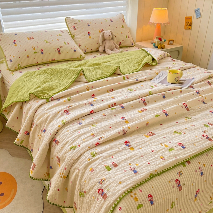 91家纺网 家纺一手货源 找家纺 梵朴 2026新款A类泡芙双层纱贝壳边床盖夏被四件套三角针夏凉被空调被 快乐马里奥