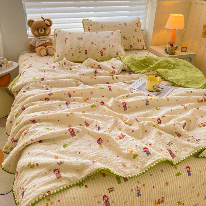 91家纺网 家纺一手货源 找家纺 梵朴 2026新款A类泡芙双层纱贝壳边床盖夏被四件套三角针夏凉被空调被 快乐马里奥