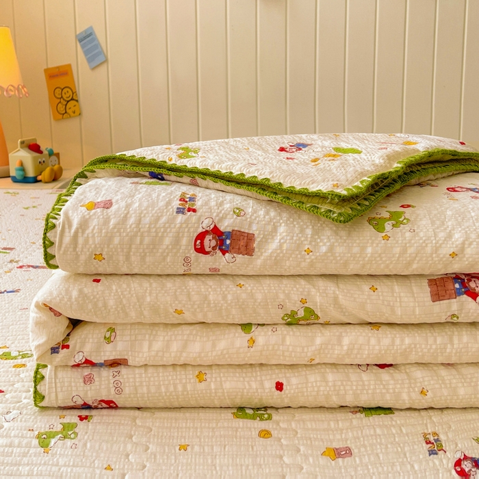 91家纺网 家纺一手货源 找家纺 梵朴 2026新款A类泡芙双层纱贝壳边床盖夏被四件套三角针夏凉被空调被 快乐马里奥