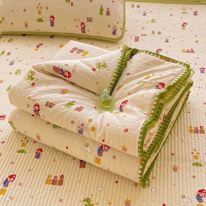 91家纺网 家纺一手货源 找家纺 梵朴 2026新款A类泡芙双层纱贝壳边床盖夏被四件套三角针夏凉被空调被 快乐马里奥