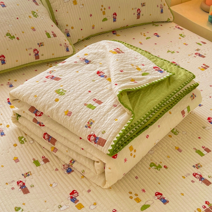 91家纺网 家纺一手货源 找家纺 梵朴 2026新款A类泡芙双层纱贝壳边床盖夏被四件套三角针夏凉被空调被 快乐马里奥