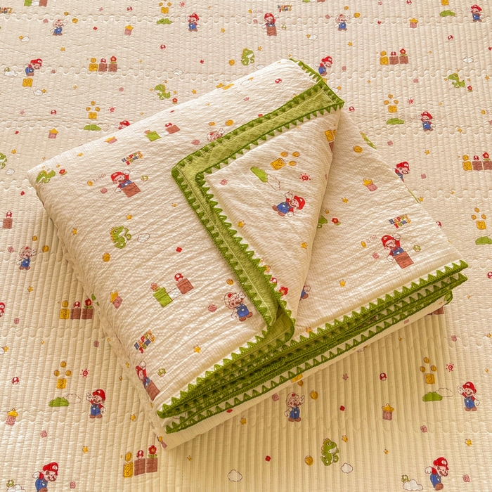 91家纺网 家纺一手货源 找家纺 梵朴 2026新款A类泡芙双层纱贝壳边床盖夏被四件套三角针夏凉被空调被 快乐马里奥