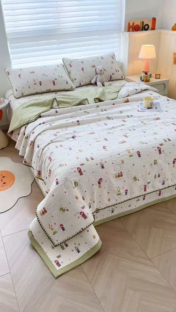 91家纺网 家纺一手货源 找家纺 梵朴 2026新款A类泡芙双层纱贝壳边床盖夏被四件套三角针夏凉被空调被 快乐马里奥