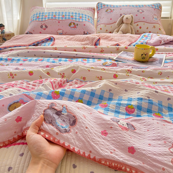 梵朴 2026新款A类泡芙双层纱贝壳边床盖夏被四件套三角针夏凉被空调被 快乐小狗