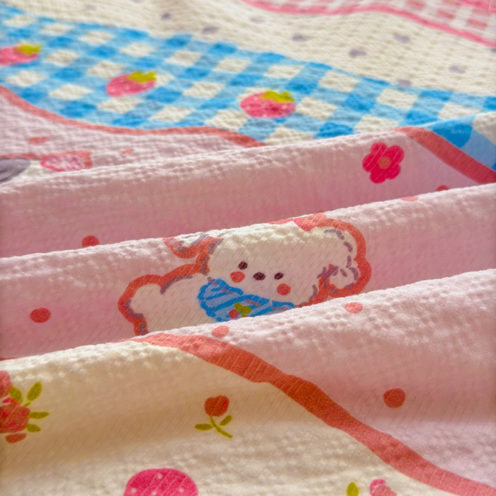 91家纺网 家纺一手货源 找家纺 梵朴 2026新款A类泡芙双层纱贝壳边床盖夏被四件套三角针夏凉被空调被 快乐小狗