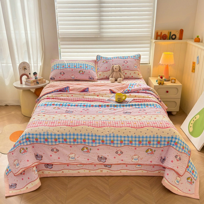 91家纺网 家纺一手货源 找家纺 梵朴 2026新款A类泡芙双层纱贝壳边床盖夏被四件套三角针夏凉被空调被 快乐小狗