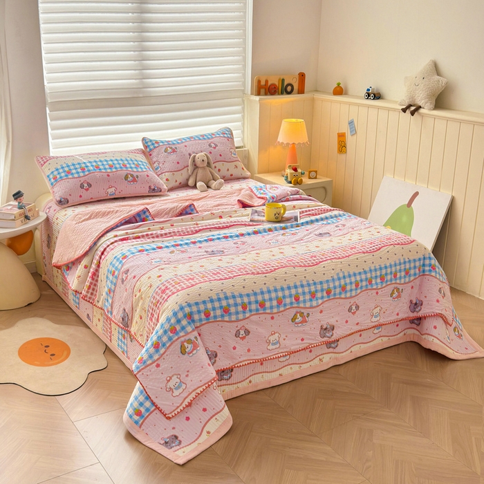 91家纺网 家纺一手货源 找家纺 梵朴 2026新款A类泡芙双层纱贝壳边床盖夏被四件套三角针夏凉被空调被 快乐小狗