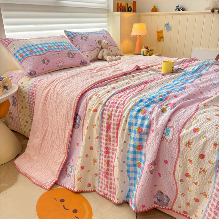 91家纺网 家纺一手货源 找家纺 梵朴 2026新款A类泡芙双层纱贝壳边床盖夏被四件套三角针夏凉被空调被 快乐小狗